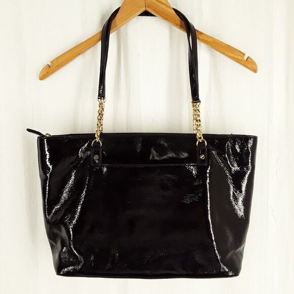 MICHAEL KORS Patent Leather + Chain Tote Bag, Shoulder Purse Handbag,shiny black - Picture 1 of 16